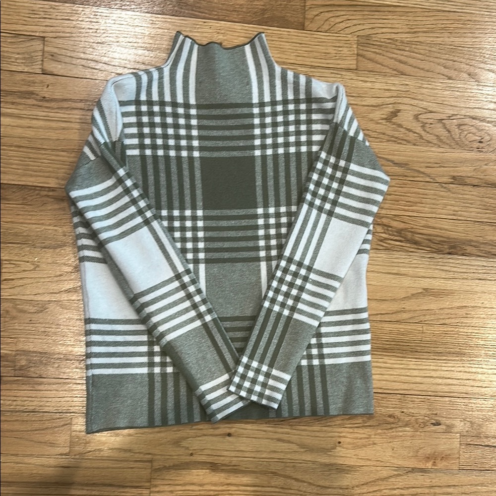 Max Studio Green and White Cowl Neck Sweater with Plaid Design
